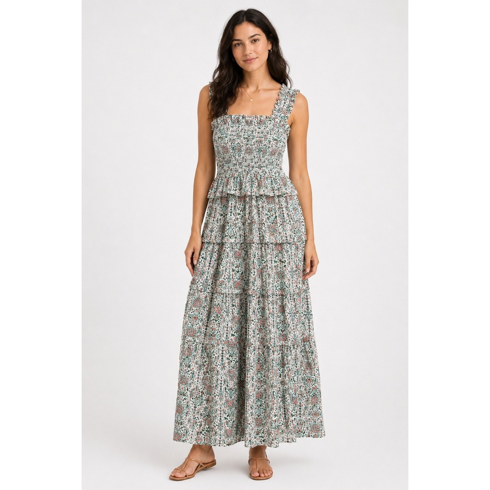 Maisie Women Floral Smocked Tiered Cotton Maxi Dress Red Green Small